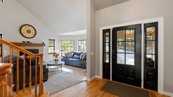 Smart TV, fireplace, foosball, books