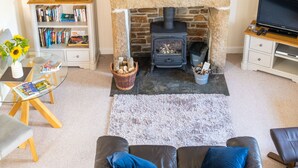 Una sala de estar acogedora con chimenea, un sofá de cuero, una estantería y un televisor.