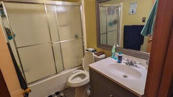 Hair dryer, bidet, towels, soap