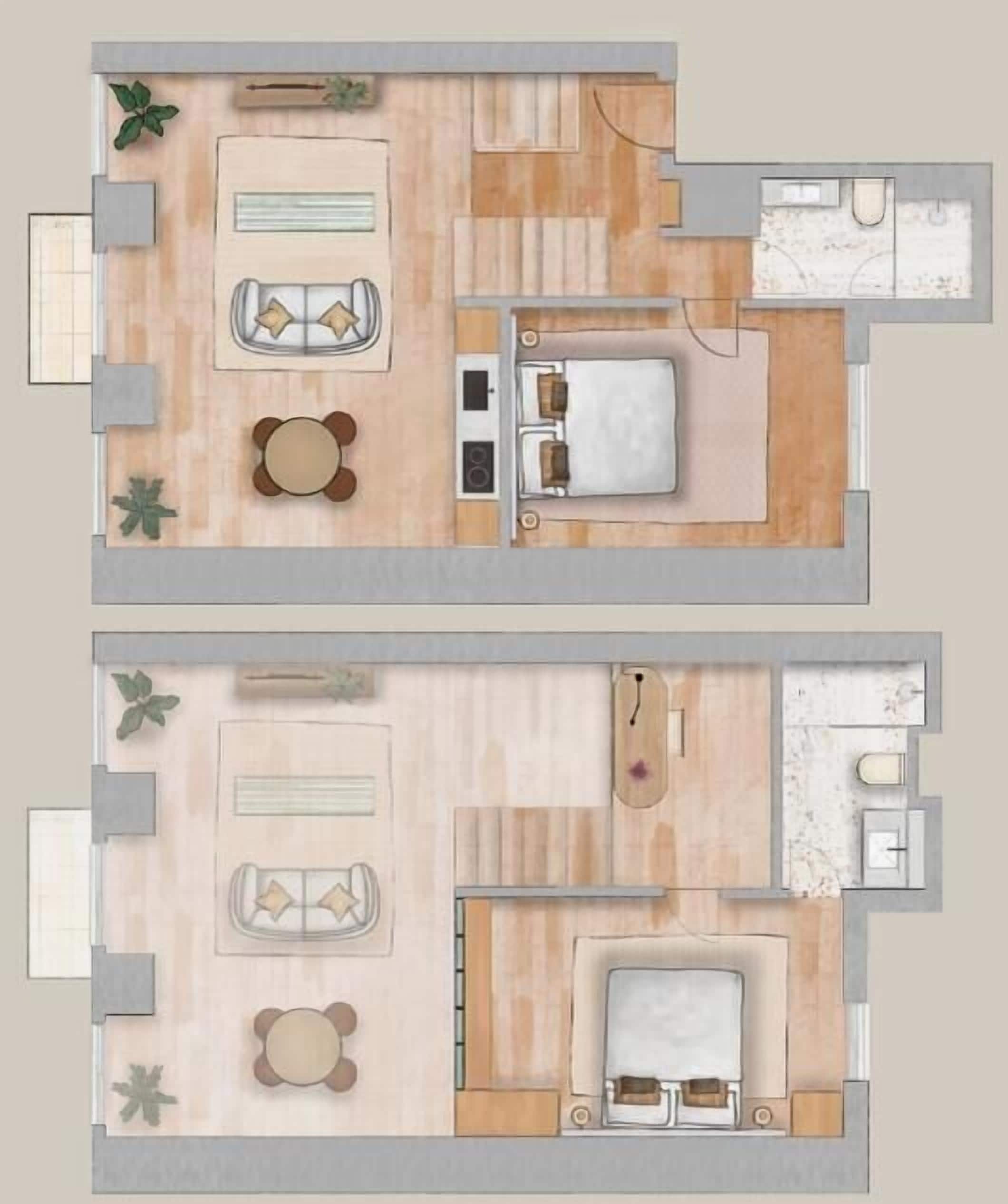 Distribución de un apartamento de dos habitaciones, con comedor, cocina y baño pequeño.