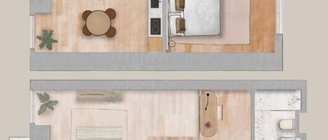 Distribución de un apartamento de dos habitaciones, con comedor, cocina y baño pequeño.