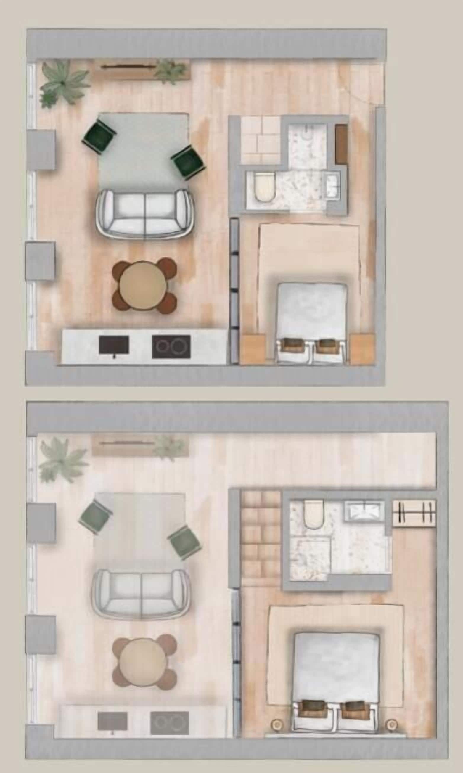 Ein Apartment-Grundriss über zwei Etagen mit Wohnzimmer, Essbereich, Küche und zwei Schlafzimmern.