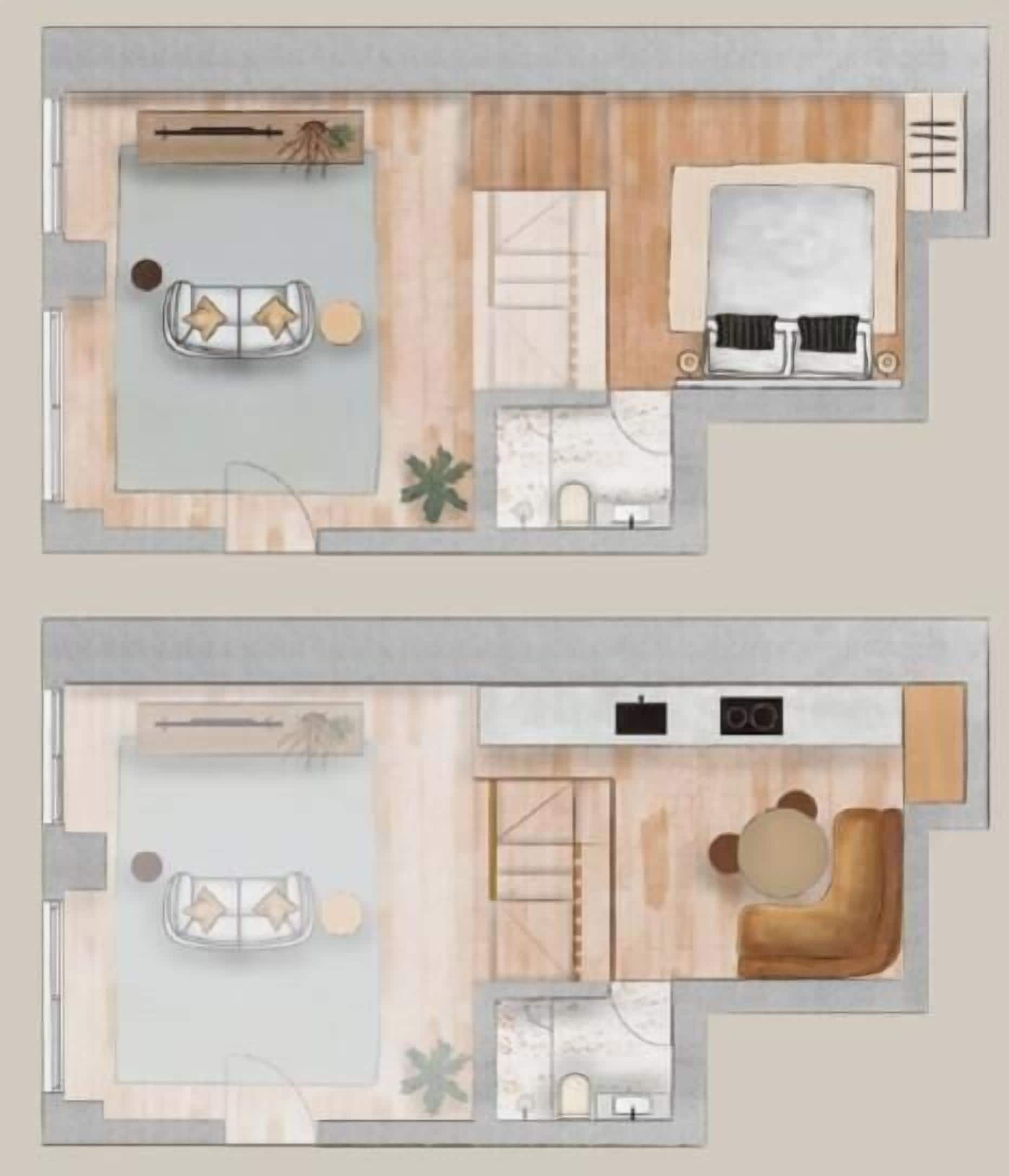 Un appartement en duplex comprenant un salon, un coin repas, une cuisine et deux chambres.