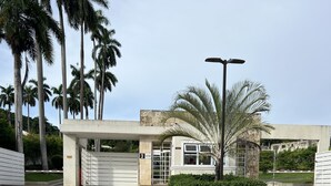 Ein Gebäude mit geschlossenem Eingang, Palmen und blauem Himmel.