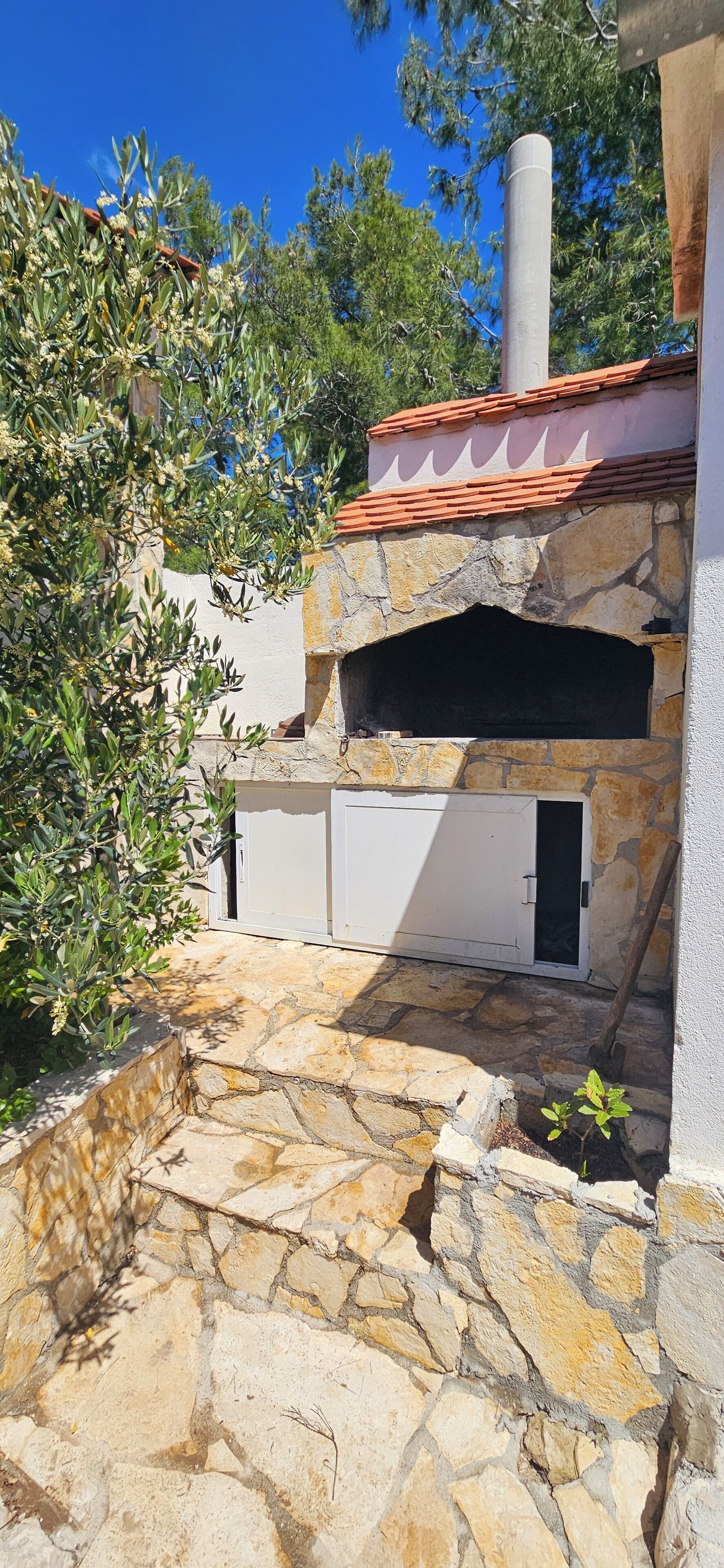 A stone patio with an outdoor oven, surrounded by olive trees and a building with a tiled roof.