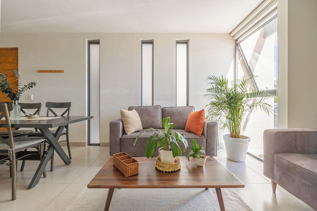 A modern living room with a grey sofa, a dining table with chairs, and a coffee table with decorative items.