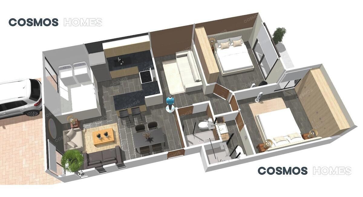 Ein 3D-Grundriss eines modernen Hauses mit Wohnbereich, Küche, Essbereich und Schlafzimmern.
