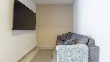 A living room with a flat-screen TV mounted on the wall, a grey sofa, and a grey rug.