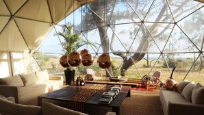 A tented room with a large window, a sofa, a coffee table, and hanging spherical decorations. - Big Bang Nature Stays (Sauce de Portezuelo)