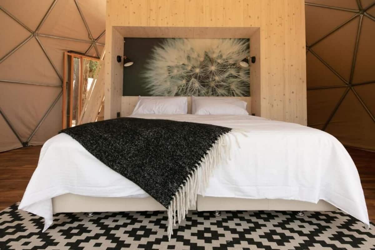 A bed with white bedding and a black throw blanket, a geometric patterned rug, and a large dandelion seed head artwork above the bed.