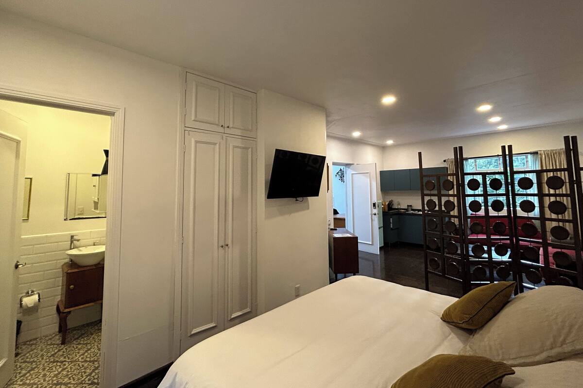 A bedroom with a bed, a TV, a bathroom with a sink and mirror, and a kitchen area with a stove.