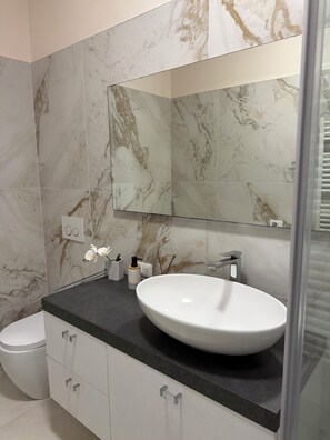 Hair dryer, towels, soap, toilet paper