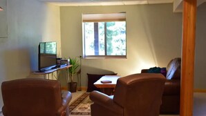 A living room with a brown leather sofa, a wooden coffee table, and a television on a stand. There is a window with blinds, a potted plant, and a rug on the floor. - Mtn Retreat: Hike ,Hot Tub, Explore CO, Ski, Relax (Golden)