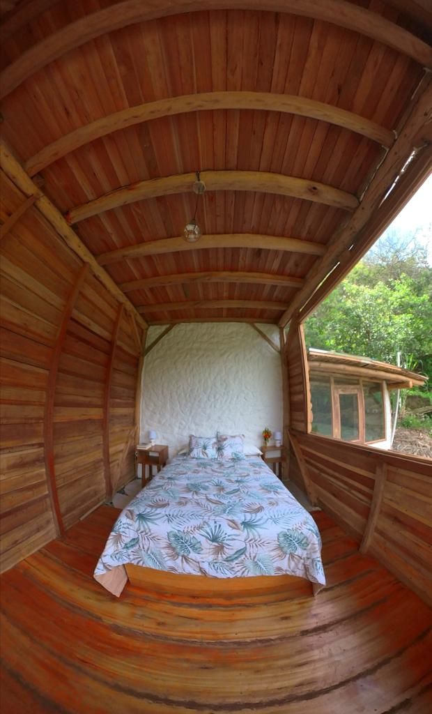 Una stanza circolare in legno con un letto, una finestra e vista sul verde all'esterno.