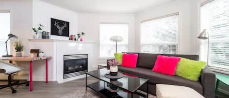 Smart TV, fireplace, books