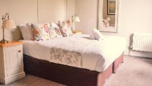 A bedroom with a bed, a nightstand, a lamp, and a radiator. - The Gregory by Warren Collection (Belfast)
