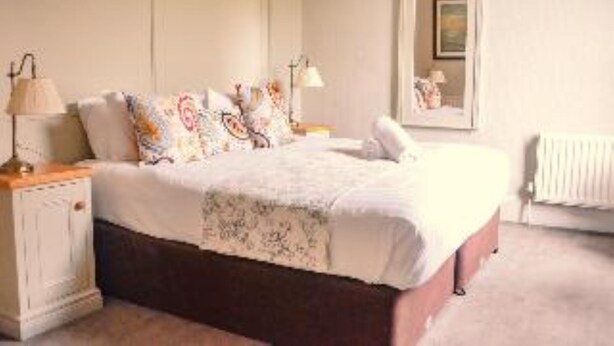 A bedroom with a bed, a nightstand, a lamp, and a radiator. - The Gregory by Warren Collection (Belfast)