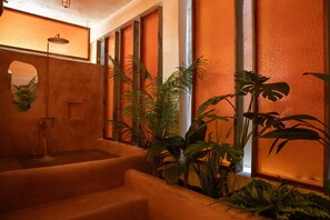 Romantic Studio, Terrace | Bathroom | Designer toiletries, hair dryer, towels, soap