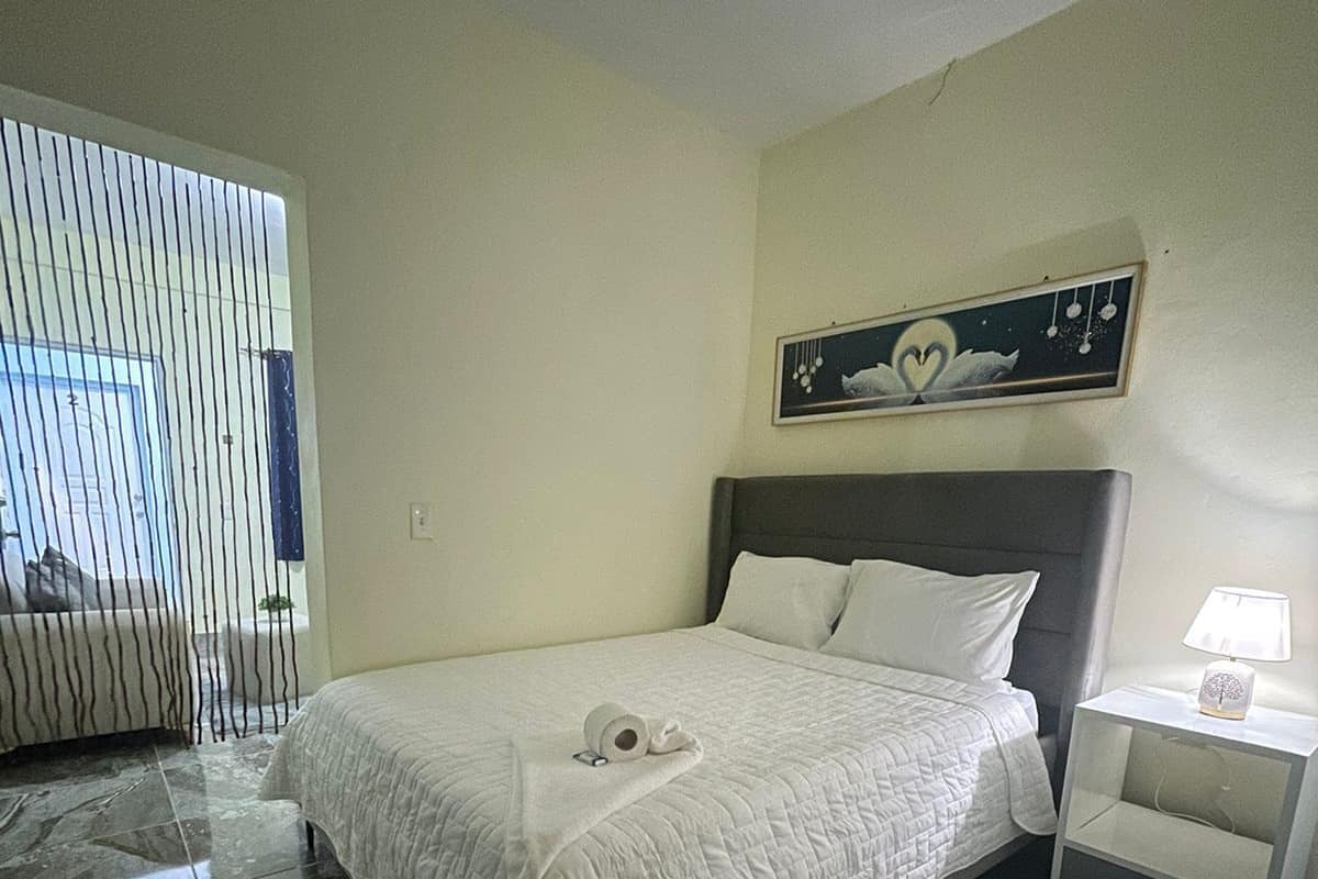A neatly made bed with a white comforter and pillows, a bedside table with a lamp, and a painting of swans on the wall.