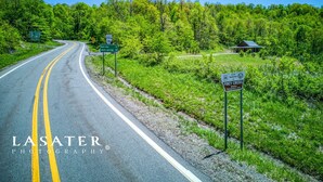A road curving through a green landscape with signs for Piney Creek and Ben Hill.
