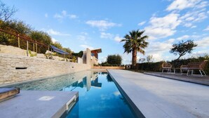 A swimming pool with steps leading into it, surrounded by a stone wall and palm trees. - [Luxury & Relaxation] Private Pool with View (Civitanova MARCHE)