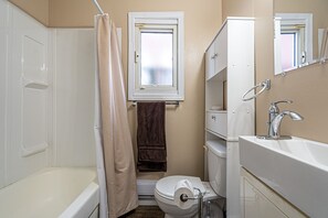 Hair dryer, towels, soap, toilet paper