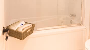 Hair dryer, towels, soap, toilet paper