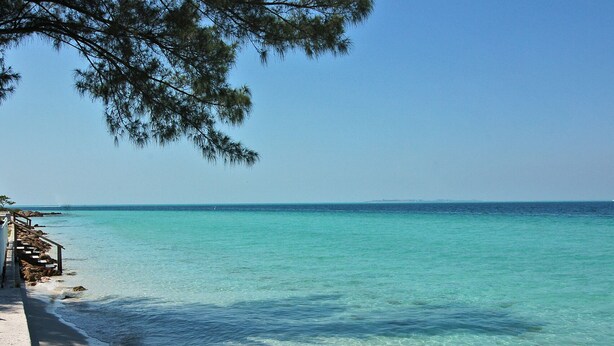 A beach with clear turquoise water, a sandy shore, and a staircase leading down to the water. - Saltwater Serenity | Canal Front w/ Heated Pool Near Anna Maria Island (Cortez)