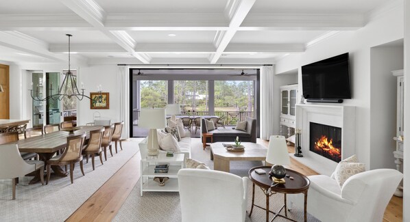 Televisión, chimenea y libros