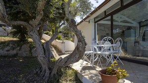 A patio with a white metal table and chairs, a potted plant, and a large tree. - Villa Retreat With Mesmerizing sea View (Marsala)