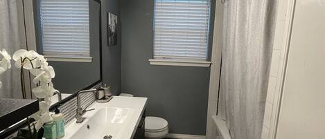 A bathroom with a white sink, a toilet, a shower with a white curtain, and two windows with blinds.