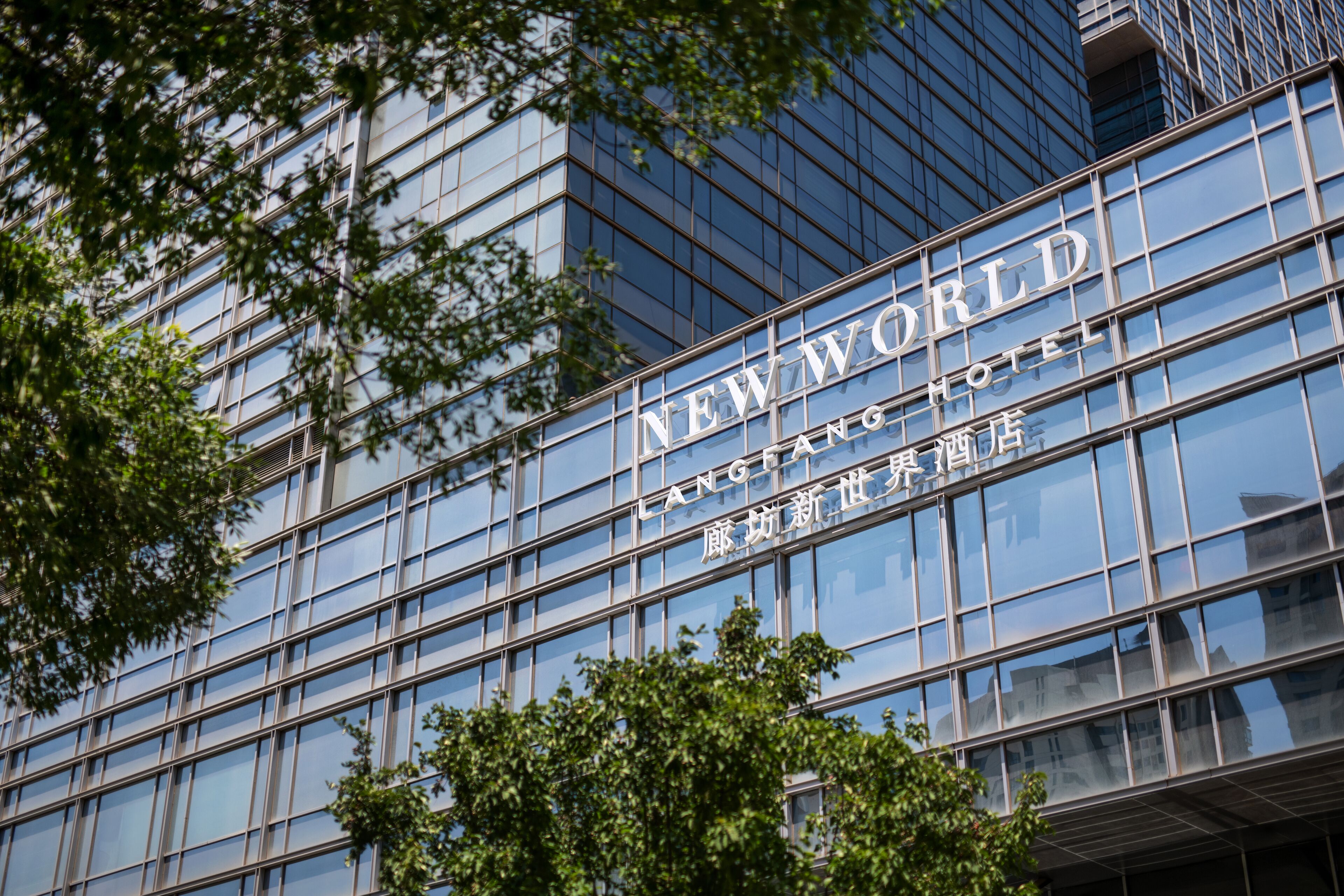 A modern building with the sign "NEW WORLD HOTEL" prominently displayed.