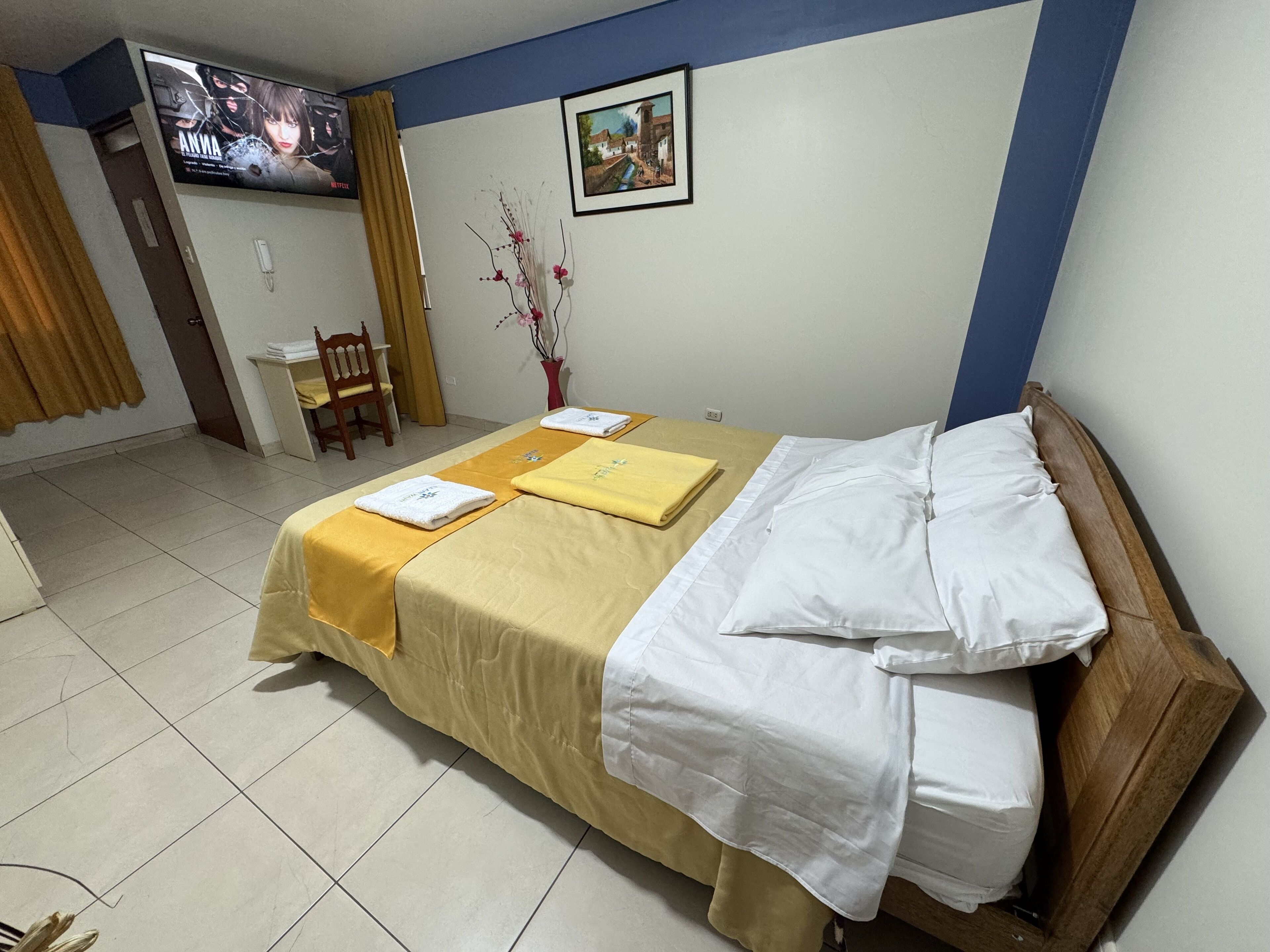 Quarto de hotel com cama, escrivaninha, cadeira, televisão e um quadro na parede.