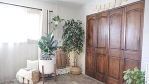Een kamer met een grote houten garderobe, een witte stoel, een rieten stoel en verschillende potplanten.