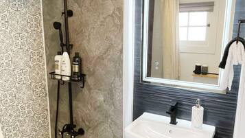 Hair dryer, towels, soap, shampoo