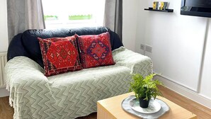 A living room with a sofa, two patterned cushions, a small table with a plant, and a television on the wall.