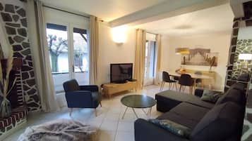 TV connectée, cheminée, livres, chaîne hi-fi