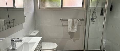 A modern bathroom with a white sink, toilet, and shower.
