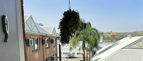 A balcony with a view of a residential area, including houses with air conditioning units, a McDonald's sign, and a hanging plant.