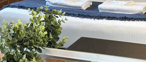 Habitación de hotel con pared de ladrillo, cama con ropa blanca y cabecero oscuro, manta azul y planta en maceta sobre la mesita de noche.