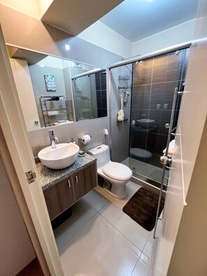 Hair dryer, towels, soap, toilet paper