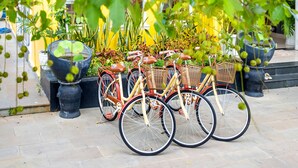 A row of bicycles parked on a tiled patio with potted plants and a yellow wall in the background.