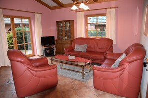 Télévision, cheminée, chaîne hi-fi