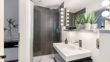 Shower, free toiletries, hair dryer, towels