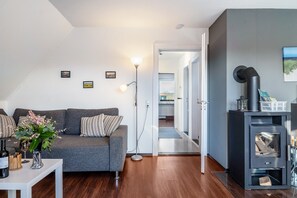 Televisión, chimenea, estéreo