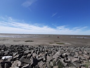 A beach with rocky foreground and people in the distance.