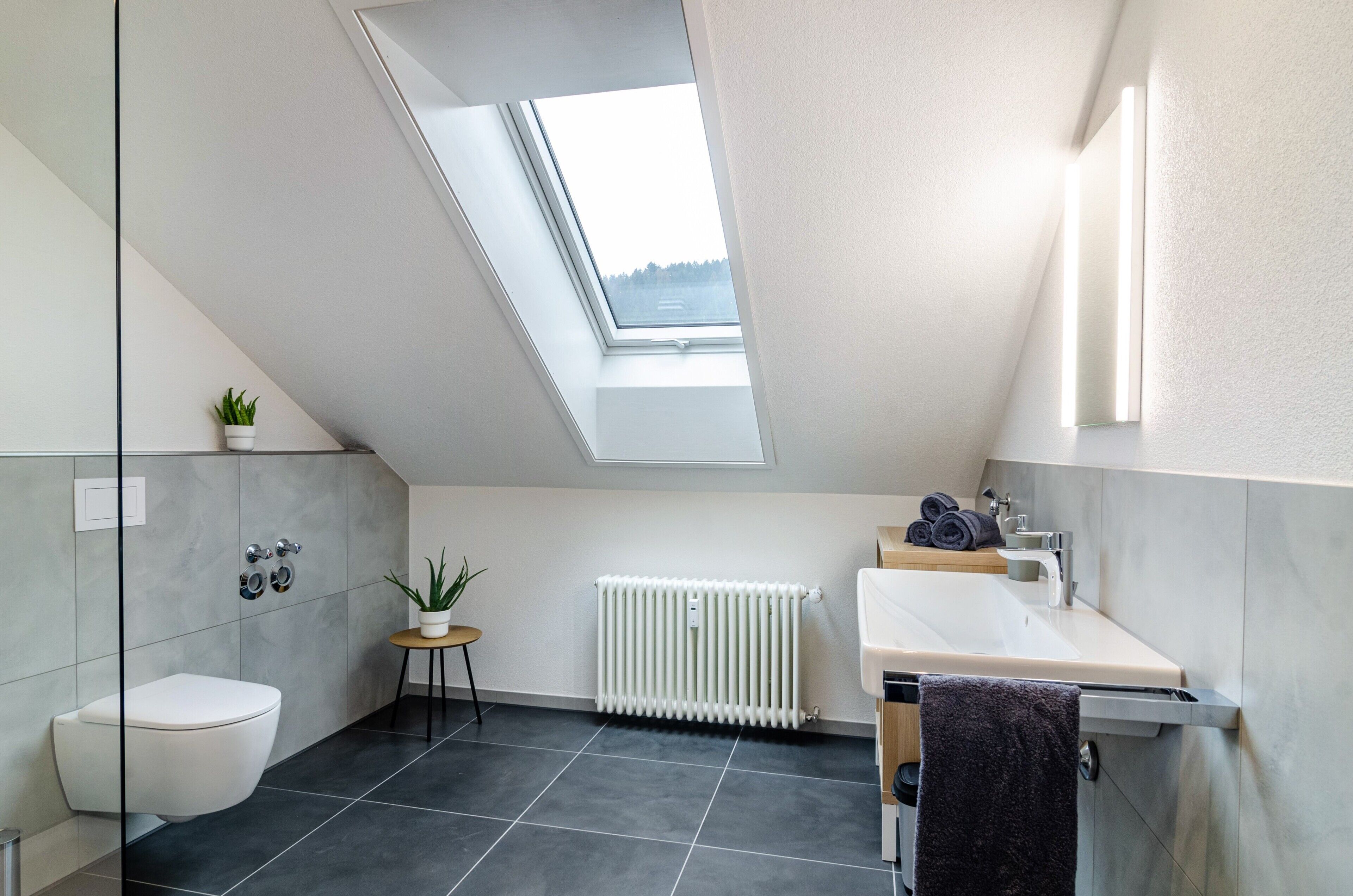 Une salle de bain moderne avec un puits de lumière, des toilettes, un radiateur et un lavabo.