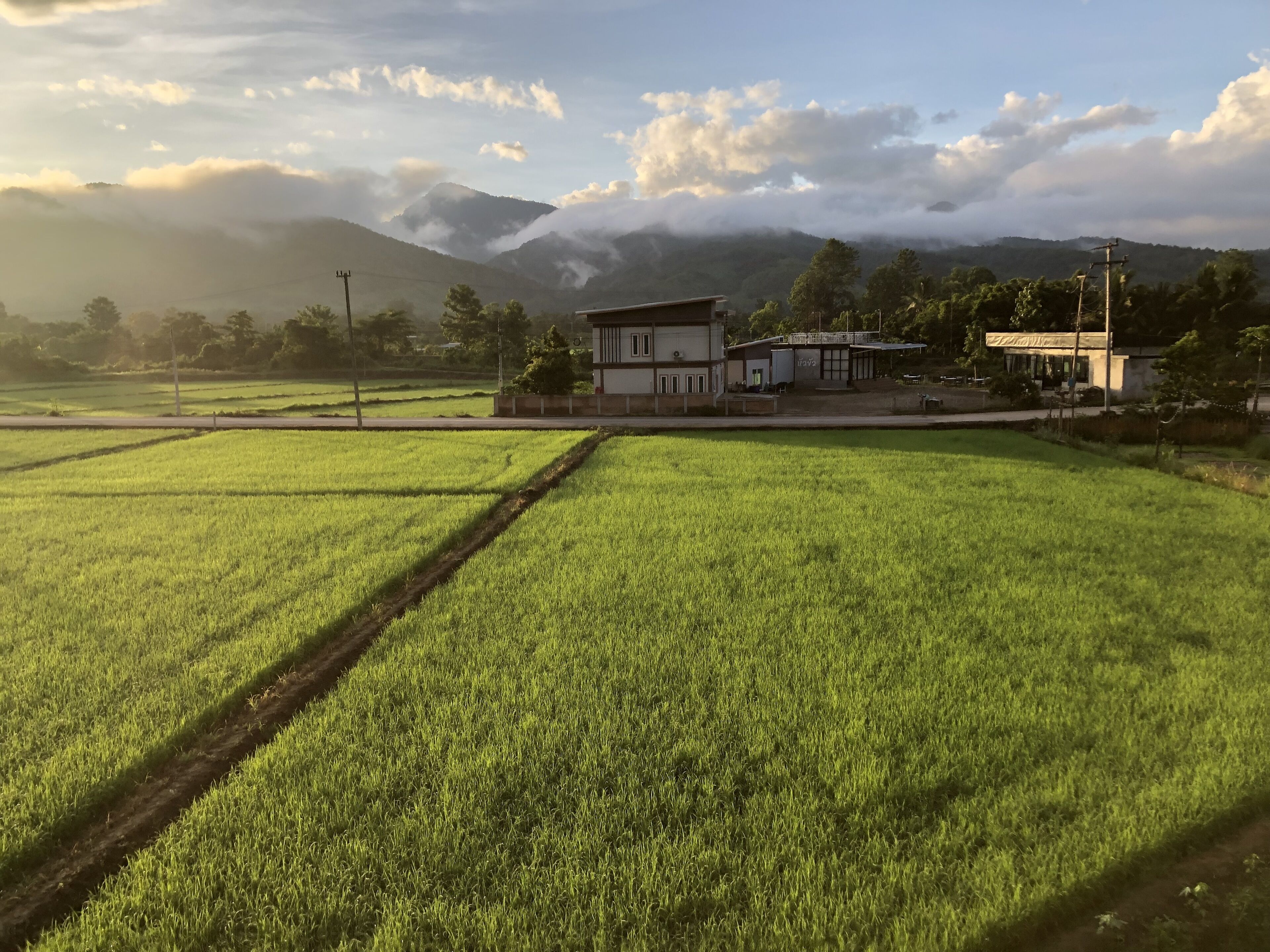 Un paisaje rural con una casa rodeada de campos y montañas.