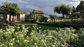 A garden with white flowers and a traditional wooden structure. - Hinpha homestay (Pua)