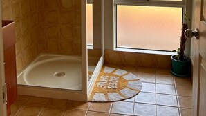 Une salle de bain avec une douche à l’italienne, une grande fenêtre en verre dépoli et une plante en pot.